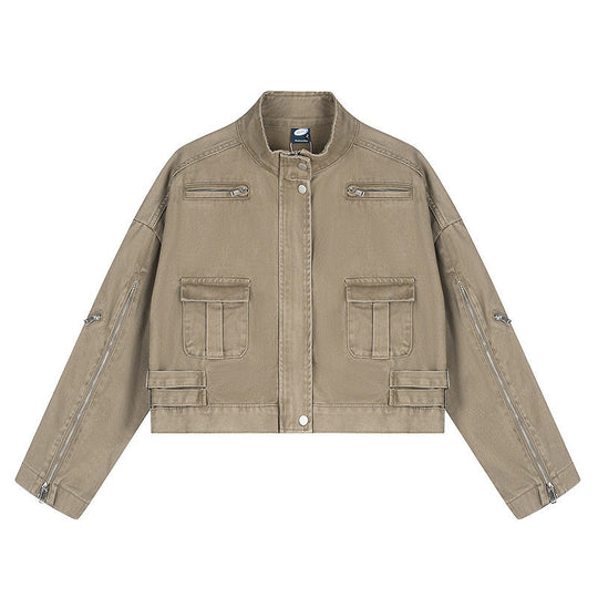 Damen Cropped Utility-Jacke mit Stehkragen, Mehrfachtaschen und Reißverschlussärmeln Shop Nory