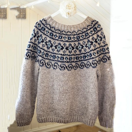Damen nan melierter Rundhalsausschnittpullover mit kreisförmigem Jacquard-Yoke und geripptem Saum Shop Nory