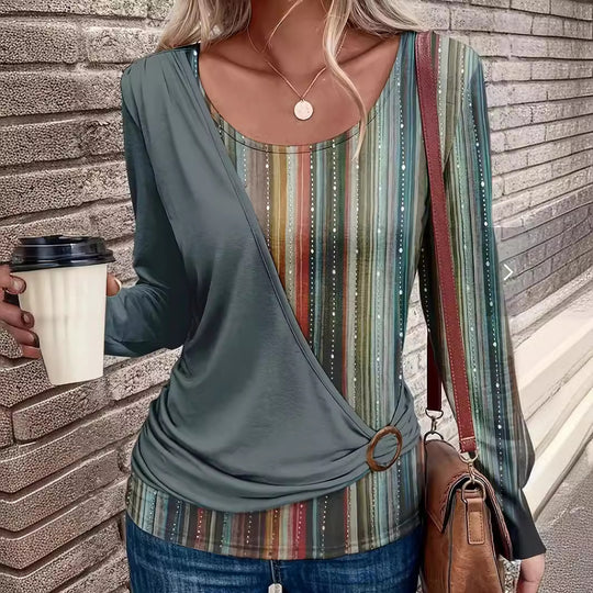 Damen Lagenlook Wickel‑Shirt mit asymmetrischer Drapierung und gestreiftem Unterteil Shop Nory