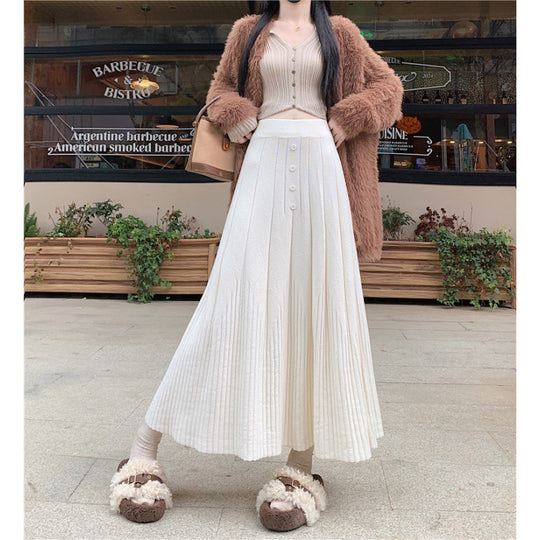 Damen Eleganter Maxirock mit feinem Faltenwurf und Knopfdetails Shop Nory