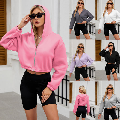 Damen Cropped Kapuzenjacke mit durchgehendem Reißverschluss und oversized Ärmeln Shop Nory