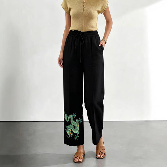 Damen nan lässige Leinen-Baumwoll Culotte mit elastischem Bund und Tigerstickerei Shop Nory