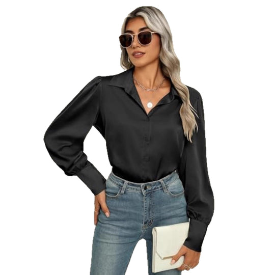 Damen Seidenoptik-Bluse mit Hemdkragen, verdeckter Knopfleiste und langen Manschetten Shop Nory