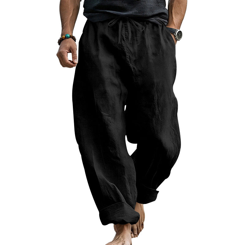 Herren Locker geschnittene Leinen-Loungehose mit Kordelzug, Umschlagsaum und Taschen Shop Nory
