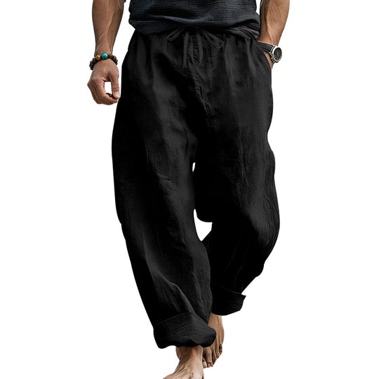 Herren Locker geschnittene Leinen-Loungehose mit Kordelzug, Umschlagsaum und Taschen Shop Nory