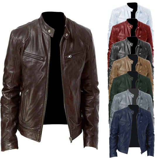 Herren schlanke Echtleder-Bikerjacke mit Stehkragen, zwei Brust-Reißverschlusstaschen und geradliniger Silhouette Shop Nory