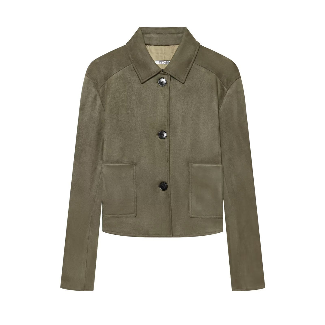 Damen Kurzjacke im Veloursleder-Look mit Hemdkragen und aufgesetzten Taschen Shop Nory