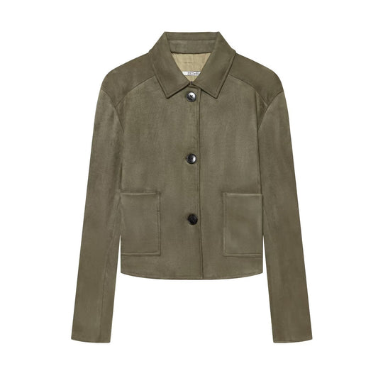 Damen Kurzjacke im Veloursleder-Look mit Hemdkragen und aufgesetzten Taschen Shop Nory
