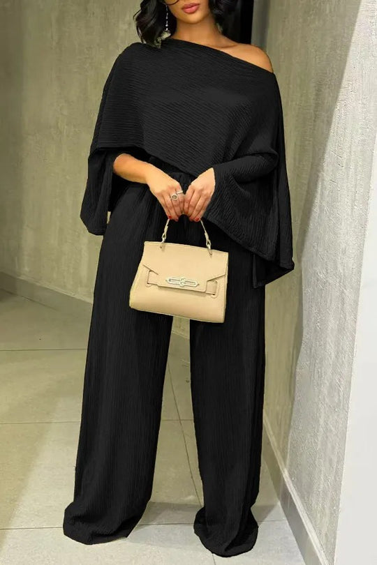 Damen Zweiteiliges Strukturiertes Loungewear‑Set mit Cropped‑Capeoberteil und Maxirock mit Seitenschlitz Shop Nory
