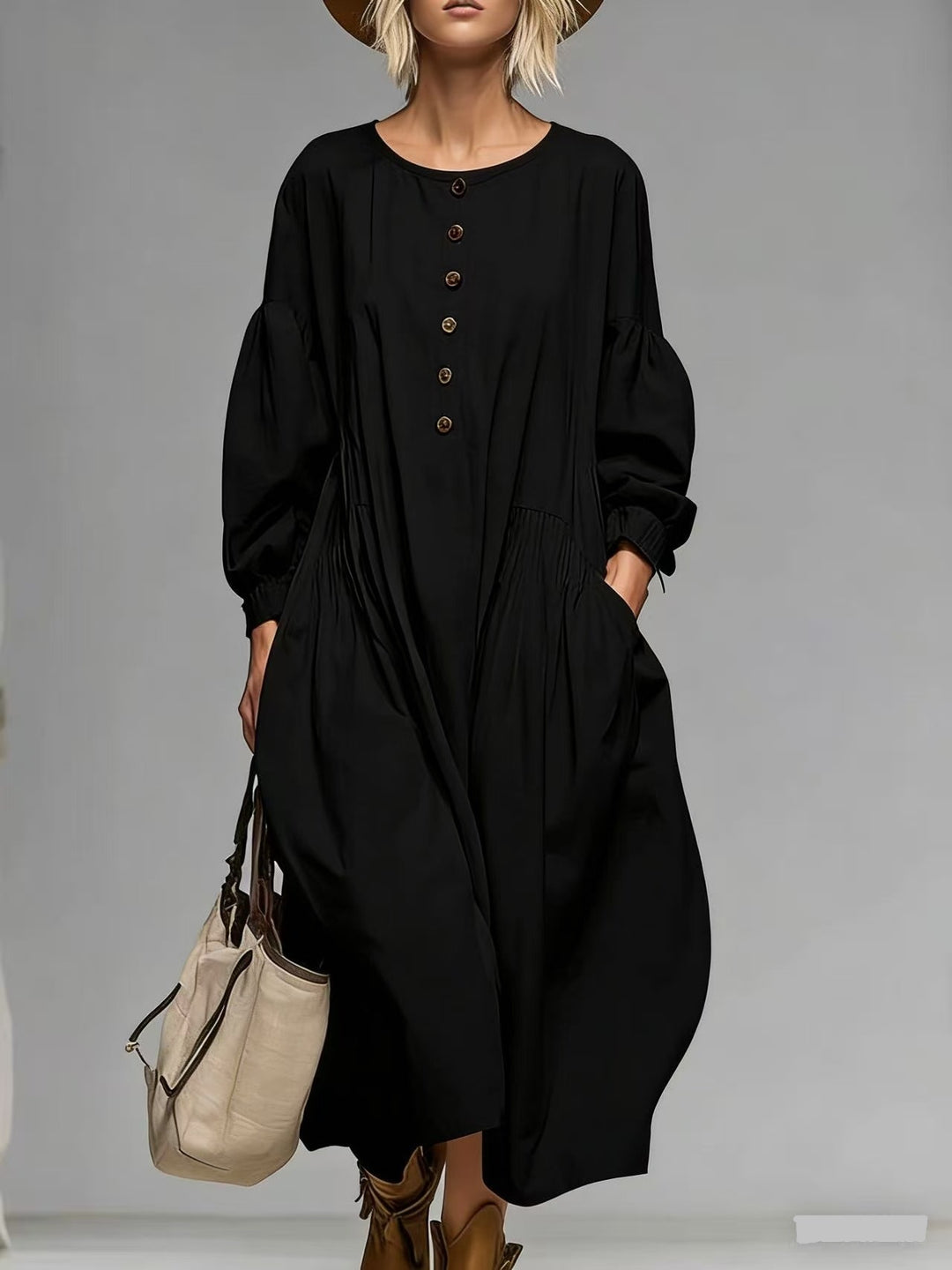 Damen Lässiges Midi-Kleid mit Knopfleiste, Ballonärmeln und Eingrifftaschen Shop Nory