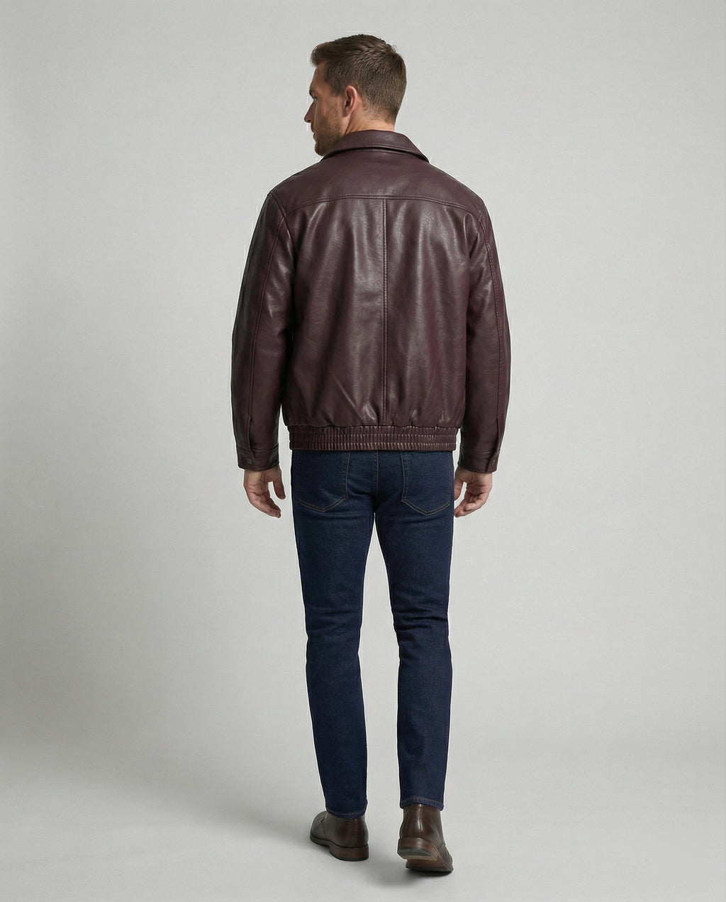 Herren oversized Lederimitat-Zipjacke mit Hemdkragen kastiger Silhouette und Einschubtaschen