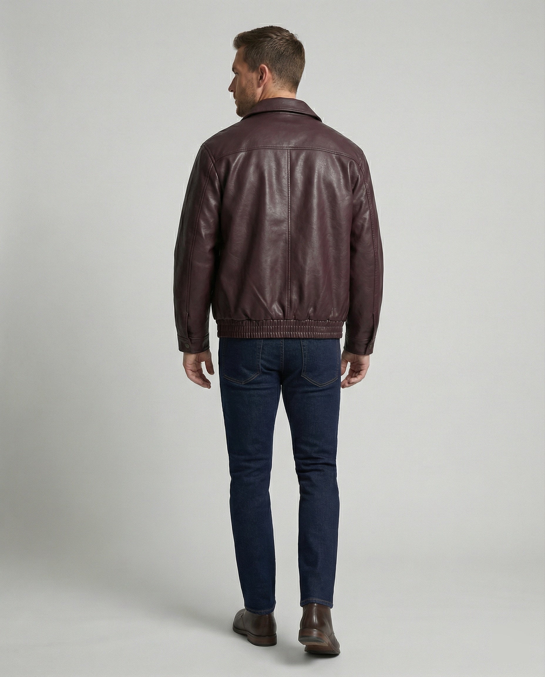 Herren oversized Lederimitat-Zipjacke mit Hemdkragen kastiger Silhouette und Einschubtaschen