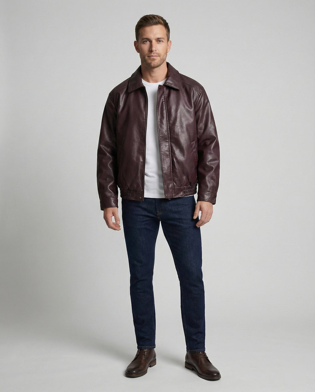 Herren oversized Lederimitat-Zipjacke mit Hemdkragen kastiger Silhouette und Einschubtaschen