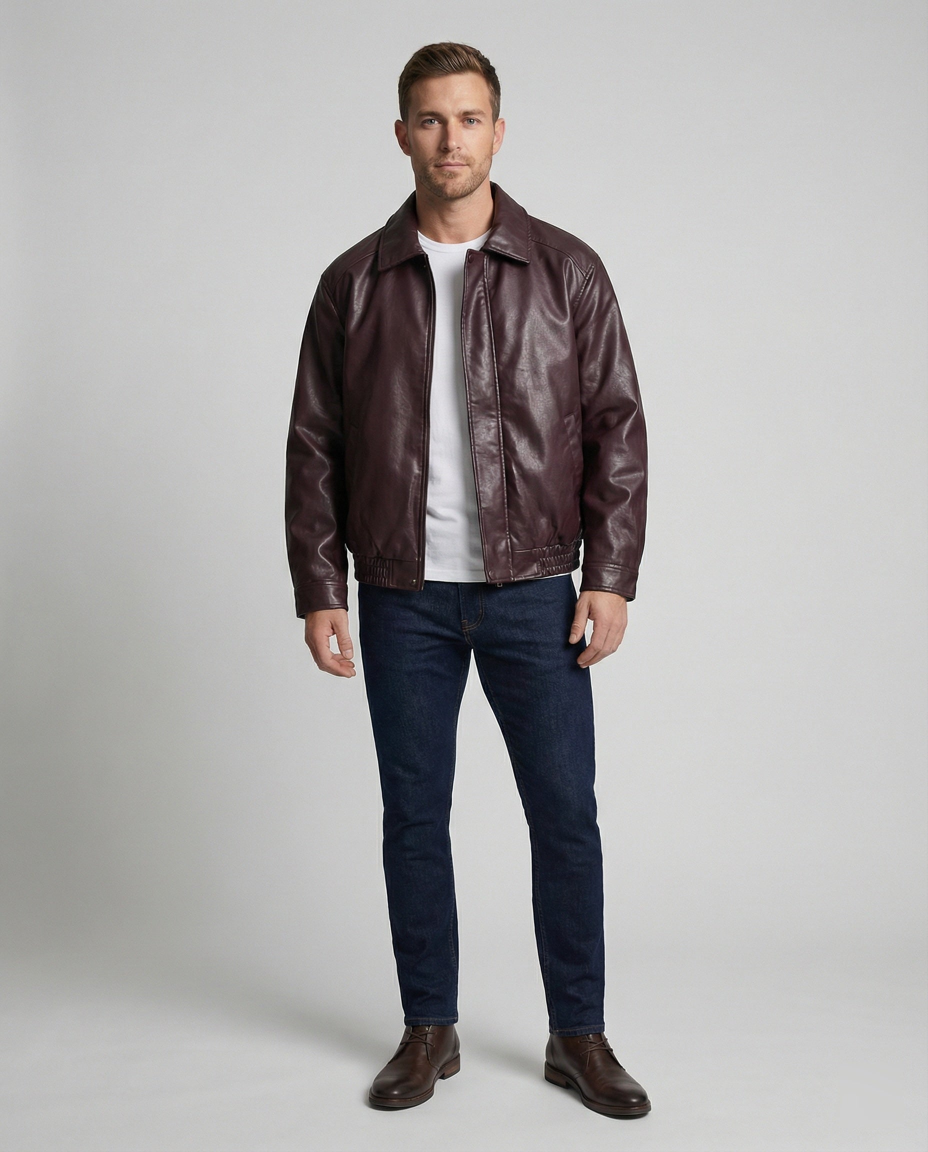 Herren oversized Lederimitat-Zipjacke mit Hemdkragen kastiger Silhouette und Einschubtaschen