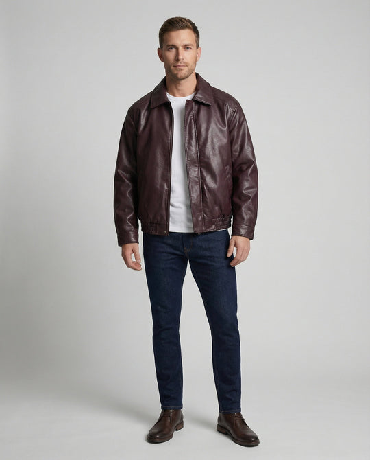 Herren oversized Lederimitat-Zipjacke mit Hemdkragen kastiger Silhouette und Einschubtaschen