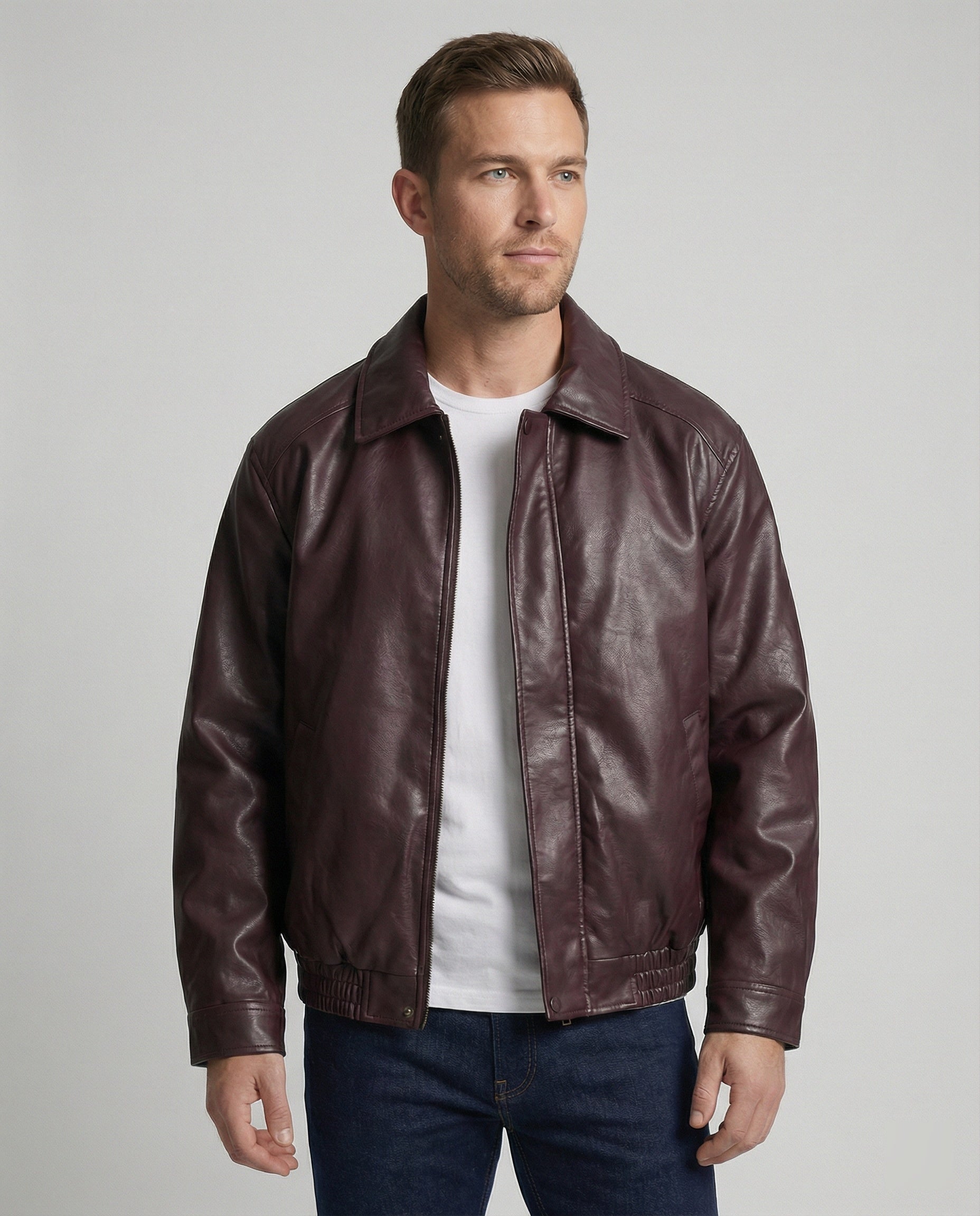 Herren oversized Lederimitat-Zipjacke mit Hemdkragen kastiger Silhouette und Einschubtaschen