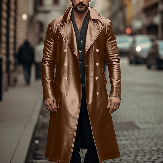 Herren Doppelreihiger Ledermantel im Trenchcoat‑Stil mit schmaler Taille Shop Nory