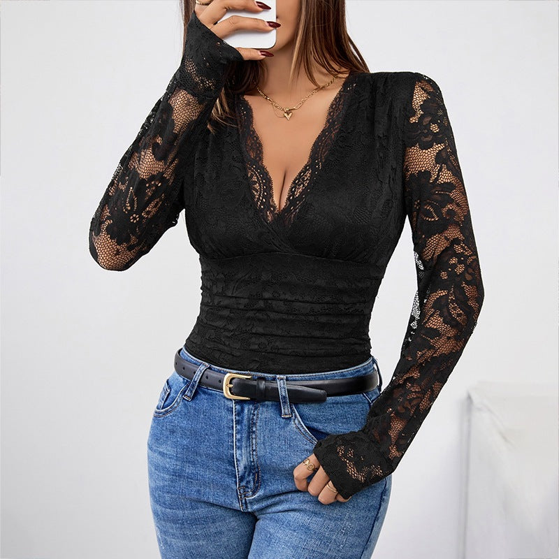 Damen Spitzenbluse mit tiefem V-Ausschnitt und langen Ärmeln