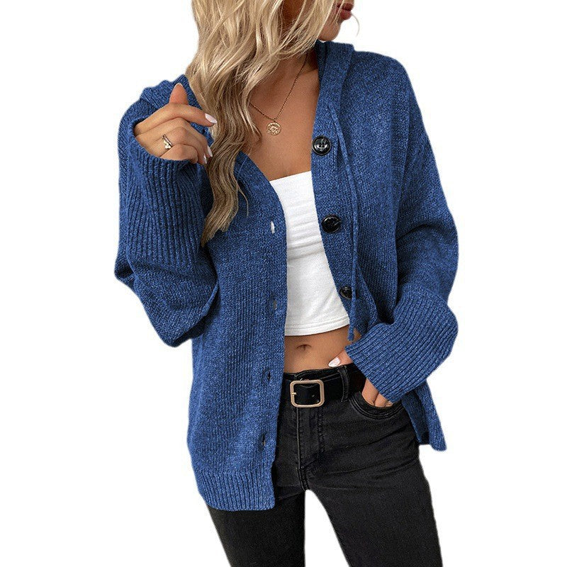 Damen lässige Strickjacke mit Kapuze und Knopfverschluss