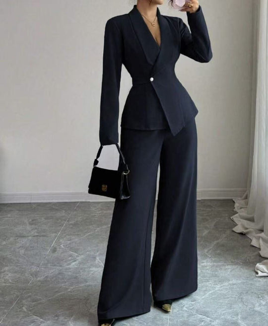 Damen tailliertes Hosenanzug-Set mit asymmetrischem Blazer und weitem Bein Shop Nory