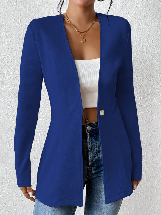 Damen Taillierter kragenloser Longblazer mit Ein-Knopf-Verschluss Shop Nory