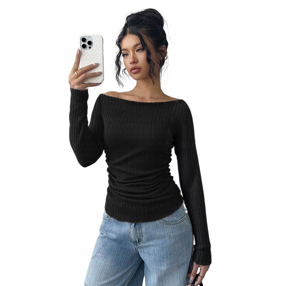 Damen schulterfreies geripptes Langarmshirt mit taillierter Raffung und figurbetontem Stretch Shop Nory