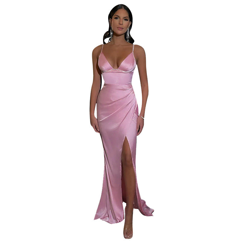 Damen Elegantes Satin-Maxikleid mit schmalem Schnitt und verführerischem V-Ausschnitt