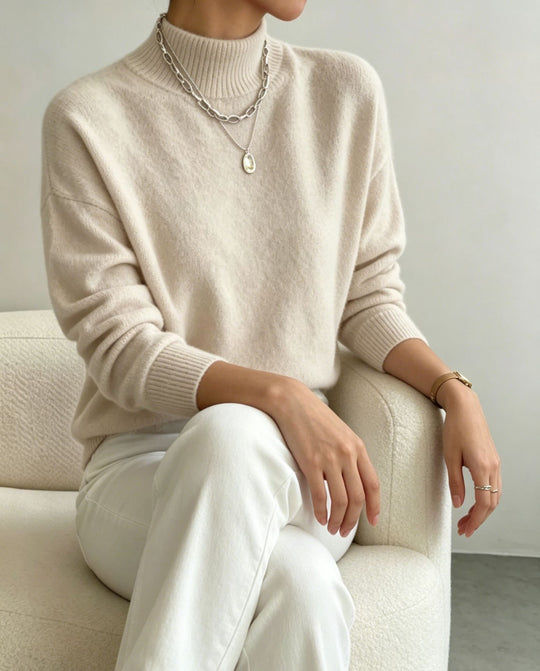 Damen kuscheliger Feinstrickpullover mit Stehkragen und überschnittener Schulter Shop Nory