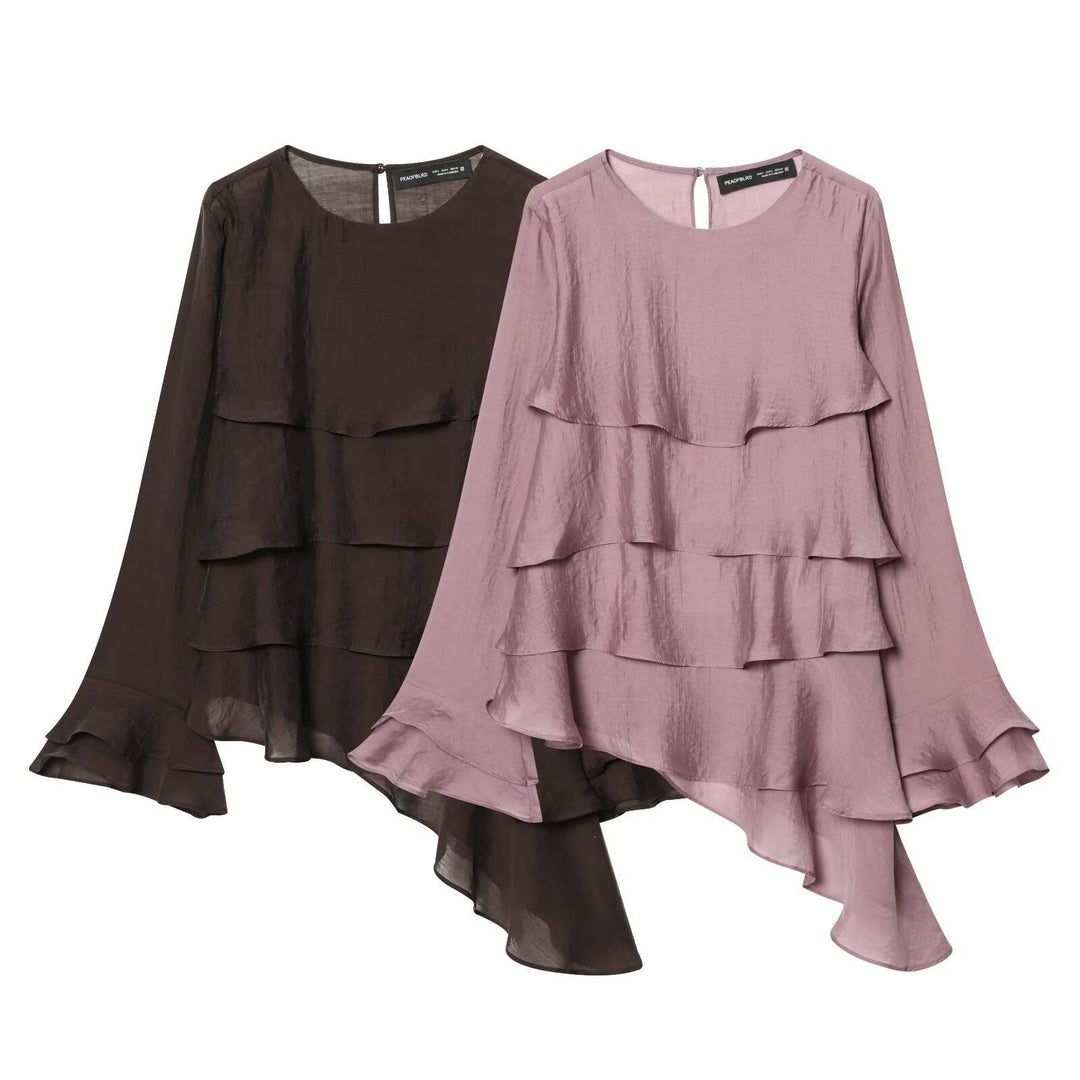 Damen asymmetrische Bluse mit Rüschendetails und elegantem Fall Shopnory