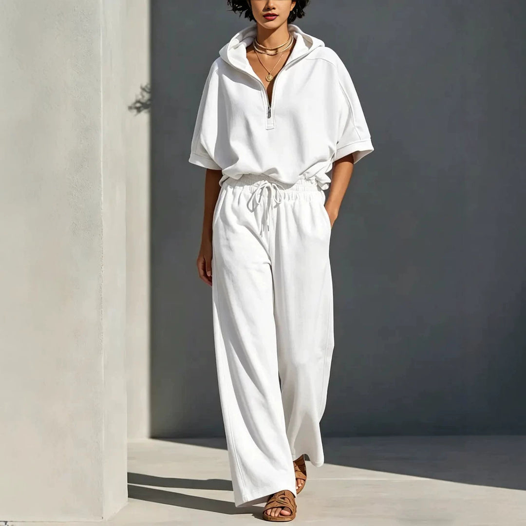 Damen Lässiges Lounge-Set mit Kapuzenpullover mit halbem Reißverschluss und weiter Palazzohose Shop Nory