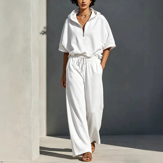Damen Lässiges Lounge-Set mit Kapuzenpullover mit halbem Reißverschluss und weiter Palazzohose Shop Nory