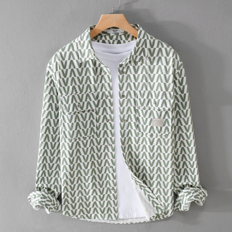 Herren Gemustertes Overshirt aus Baumwollmix mit geometrischem V‑Muster, aufgesetzten Brusttaschen und Relaxed‑Fit Shop Nory