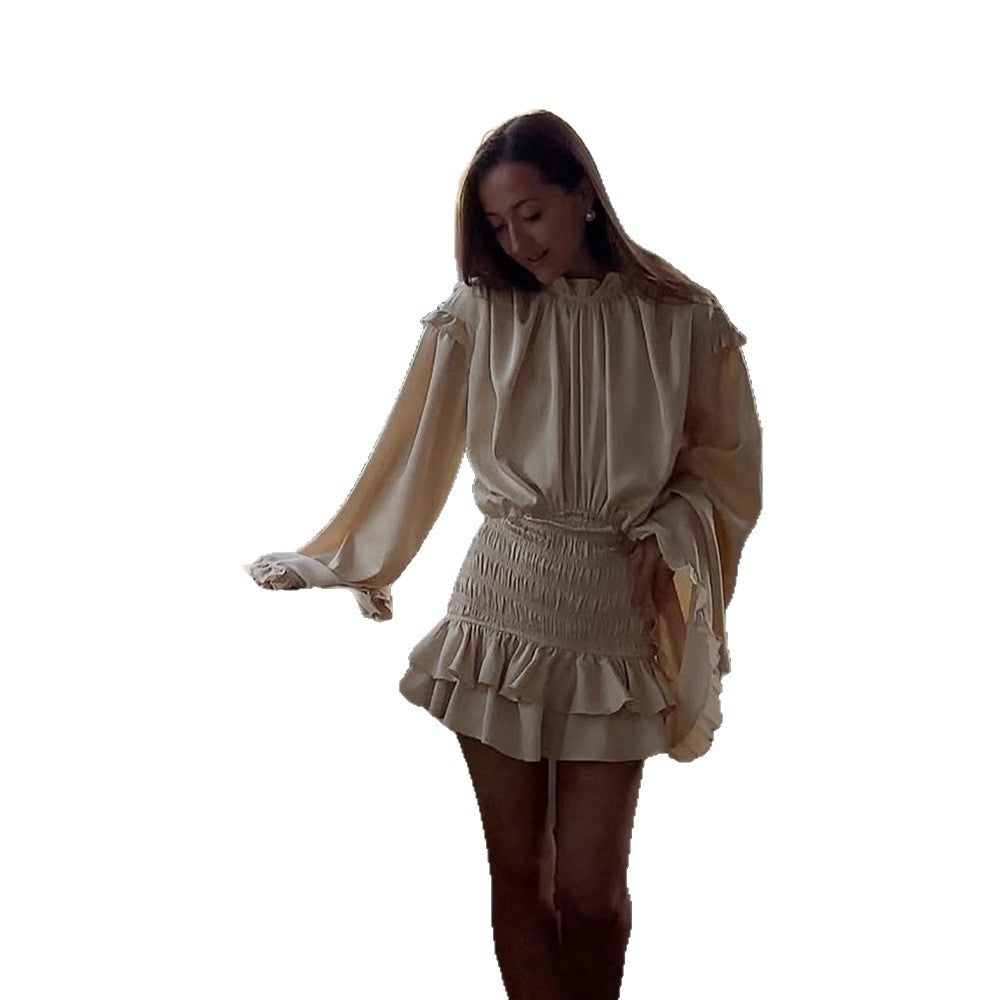 Damen Satin-Minikleid mit Ballonärmeln, Rüschen & geraffter Taille Shop Nory