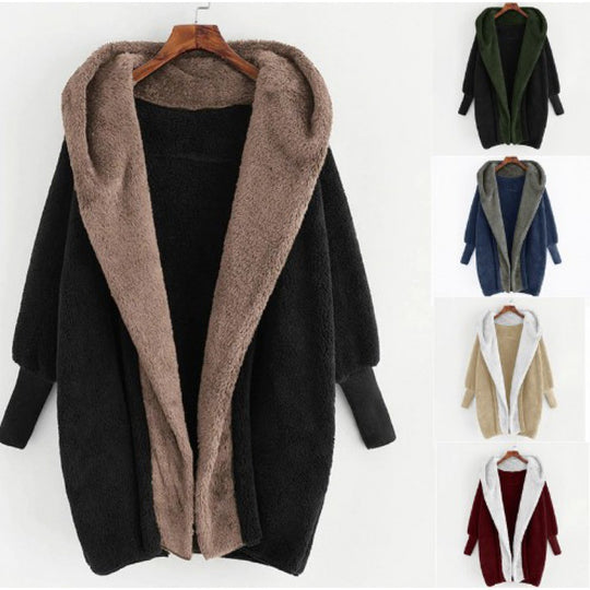 Damen Oversized Kunstfell-Kapuzenmantel mit kontrastierender Teddy-Innenseite und Rippbündchen Shop Nory