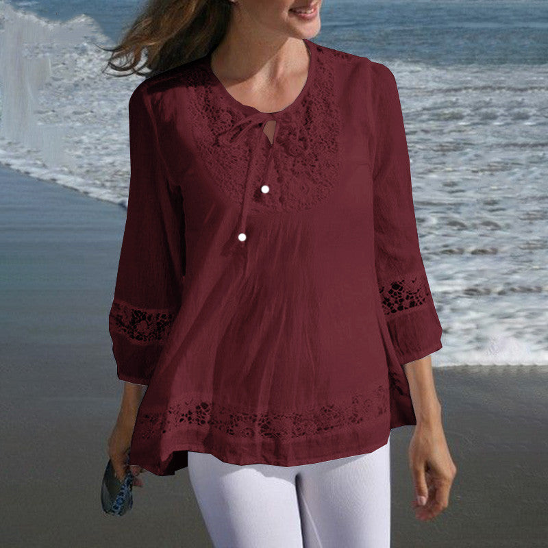 Damen Lässige Tunika-Bluse mit Häkelspitze, Bindekragen und dreiviertel Ärmeln Shop Nory