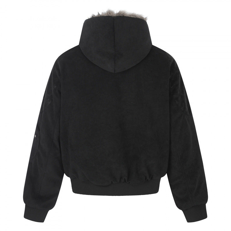 Unisex Oversize-gefütterte Kapuzen-Blousonjacke aus Velourslederimitat mit Teddyfutter Shop Nory