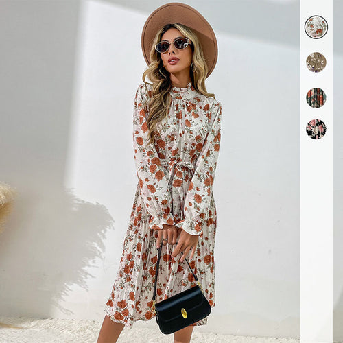 Damen Plissiertes Midikleid mit Rüschenkragen, Bindegürtel und floralem Allover-Print Shop Nory