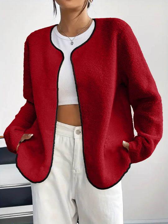 Damen Kurzjacke Teddy-Fleece Cardigan ohne Verschluss mit Rundhals Shop Nory