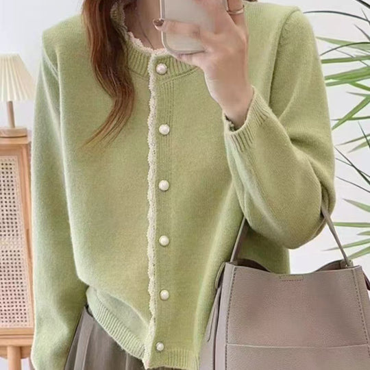 Damen Flauschiger Strickcardigan mit Spitzenverzierung Shop Nory