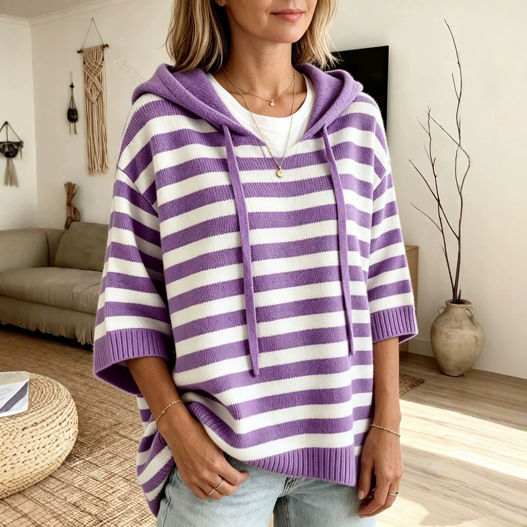 Damen Lässiger gestreifter Kapuzen-Poncho aus weichem Feinstrick mit halblangen Ärmeln Shop Nory
