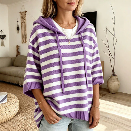 Damen Lässiger gestreifter Kapuzen-Poncho aus weichem Feinstrick mit halblangen Ärmeln Shop Nory