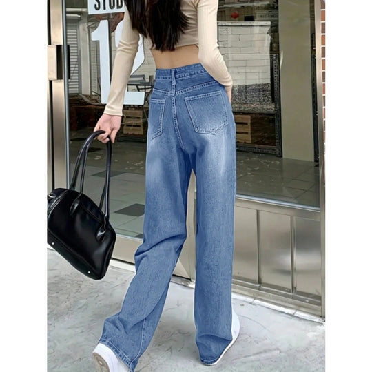 Damen weite High-Waist Baggy-Jeanshose mit geradem Bein Shop Nory