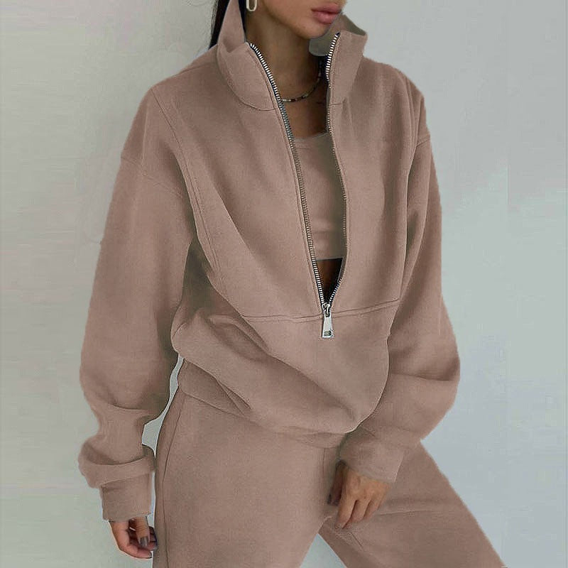 Damen nan kurzes Halbzip-Sweatshirt-und-Jogginghose-Set mit Stehkragen, oversized Schnitt und weichem French-Terry Shop Nory