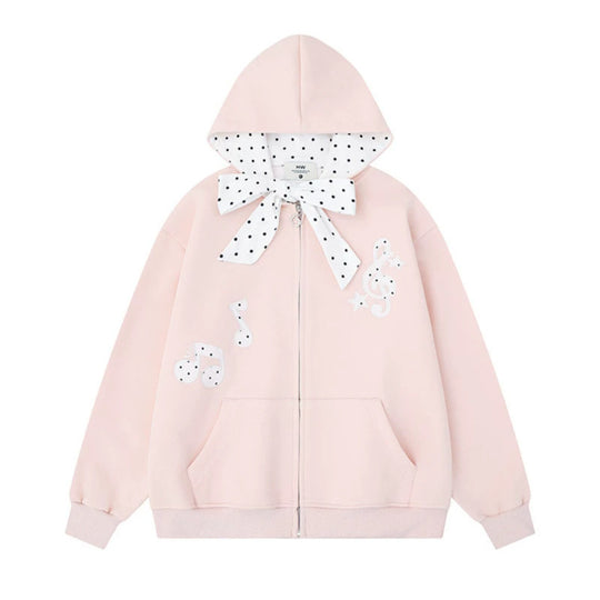 Damen Kapuzensweatjacke mit gepünktetem Kapuzenfutter, dekorativer Schleife und Notenmotiv Shop Nory