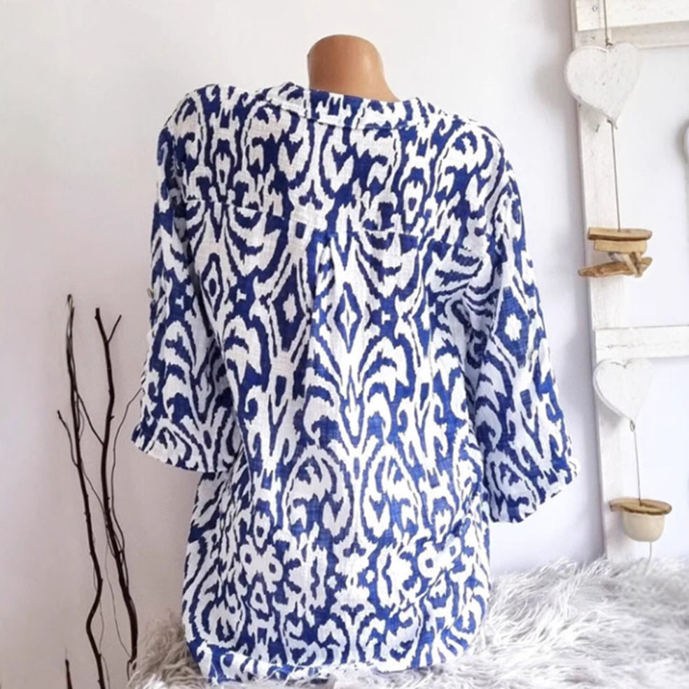 Damen nan locker geschnittene Tunika-Bluse mit Ikat‑Muster, V‑Ausschnitt und Dreiviertelärmeln Shopnory