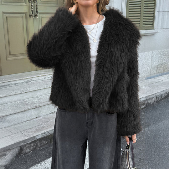 Damen nan kurzer Faux‑Fur‑Mantel mit breitem Stehkragen, dichter Flor und wärmender Innenfütterung Shop Nory