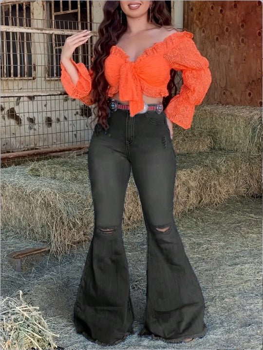 Damen Hochtaillierte Schlaghose-Jeans mit ausgestelltem Bein, Knie-Rissen und figurformendem Stretchbund Shop Nory