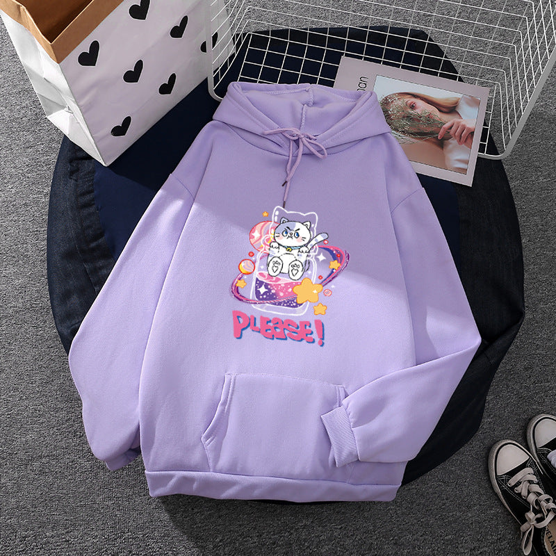 Damen nan oversized Kapuzenpullover im Streetstyle mit weichem Fleece-Innenfutter, Kängurutasche und farbenfrohem Cartoon-Katzen-Planet-Print Shop Nory