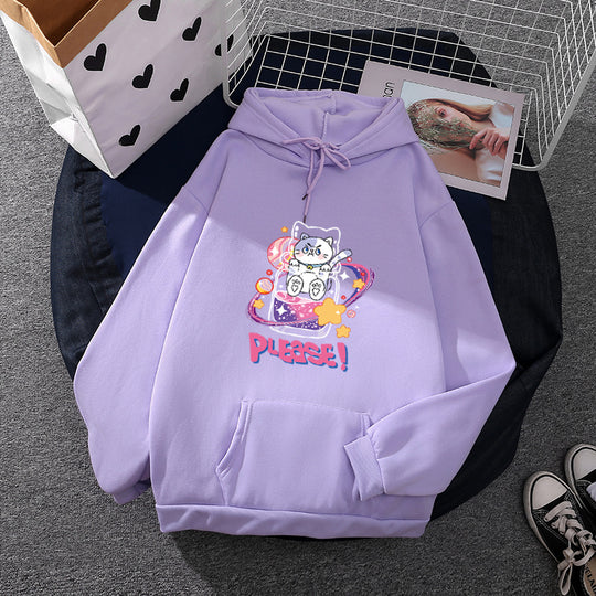 Damen nan oversized Kapuzenpullover im Streetstyle mit weichem Fleece-Innenfutter, Kängurutasche und farbenfrohem Cartoon-Katzen-Planet-Print Shop Nory