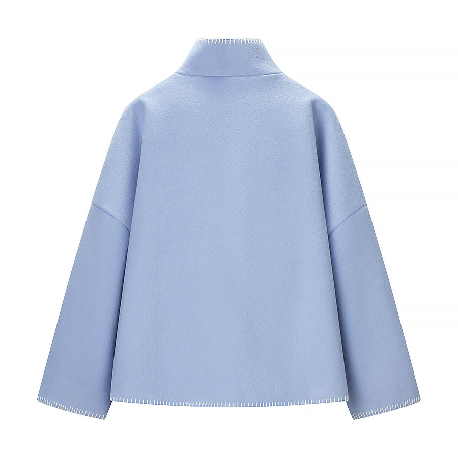 Damen Kurzer Wollcape-Mantel mit Stehkragen, Kontrastnaht und Druckknopfverschluss Shop Nory